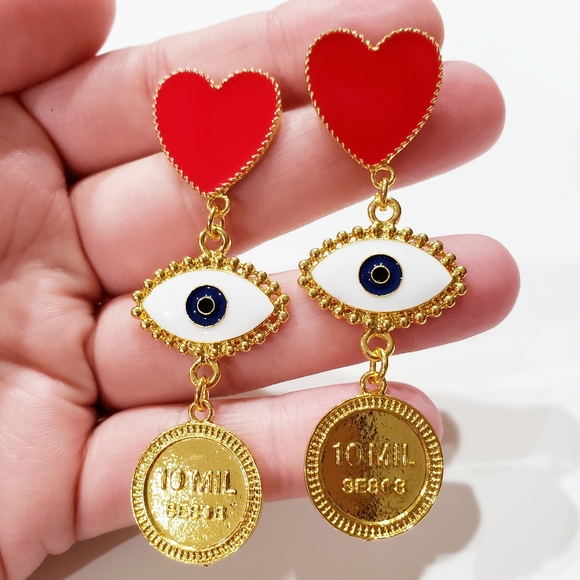 Unbranded Jewelry - EVIL EYE Red HEART Drop Gold Tone Dangle Earrings